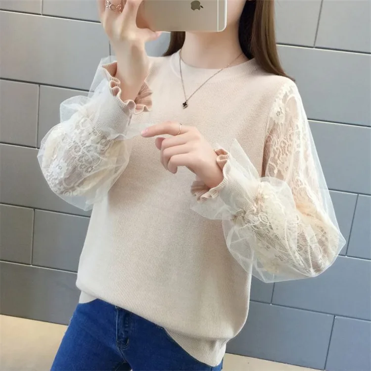 

EBAIHUI 2020 New Women Sweater Pullover Vintage Long Sleeve Loose Knitted Winter Net Yarn Puff Sleeve Female Solid Sweater