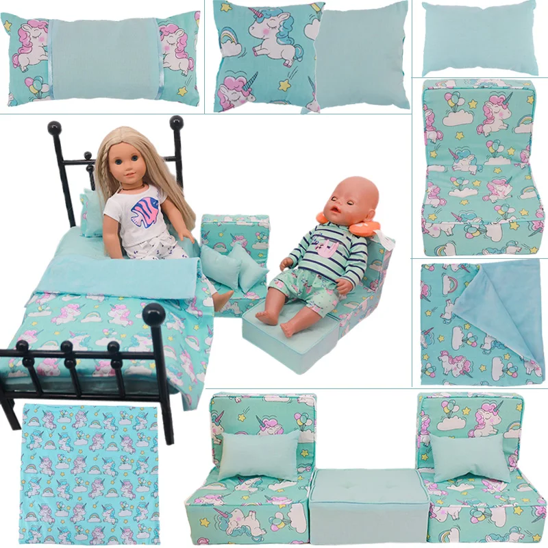 10Pcs/Set Doll Baby Furniture=5Pillows+3Sofas+1Quilt Cover+1Bed Sheet For 18 Inch American&43 CM Reborn New Born Baby Doll Girl`