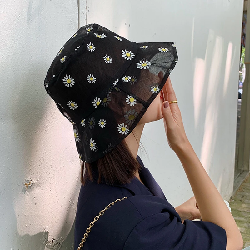 

Daisies Embroidered Buckets Hat Women Transparent Lace Flower Beach Panama Hats High Top Snapback Fashion Daisy Sun Cap Summer