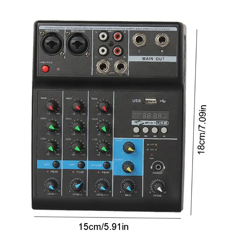 

Professional Audio Mixer 4 Channels Bluetooth Sound Mixing Console for Karaoke KTV with USB Sound Card Sound Effects