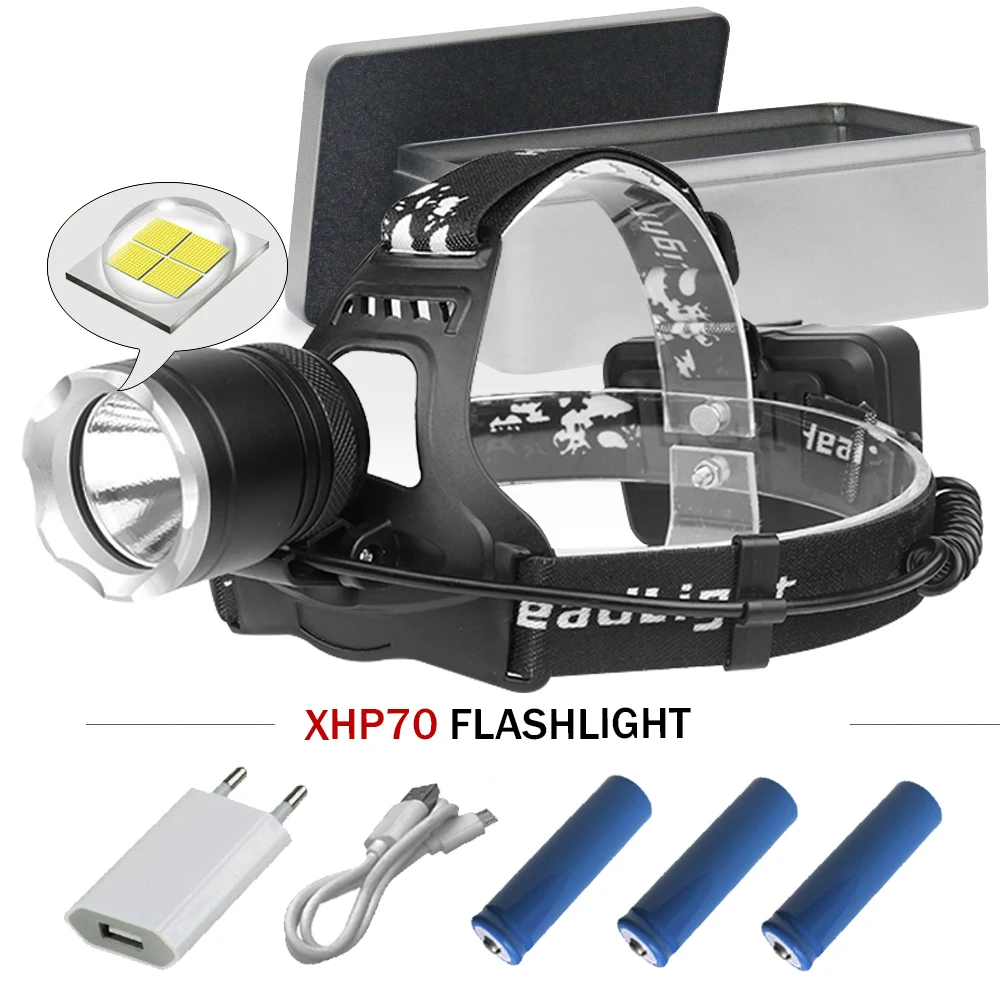 Мощный светодиодный налобный фонарь XHP70 usb с зумом 3 режима CREE xhp70 35000lm Головной для