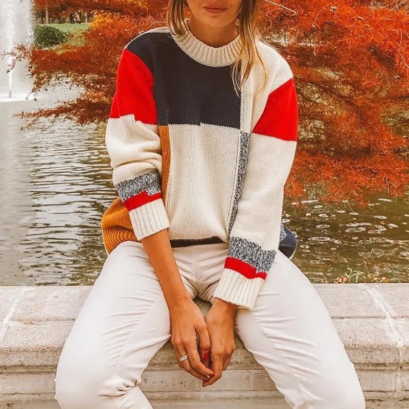 

Knit Color Block Sweater Winter Autumn Women Sweaters Wild Knitwear Streetwear Long Sleeve Plaid Pullovers Womens Sweaters 2020
