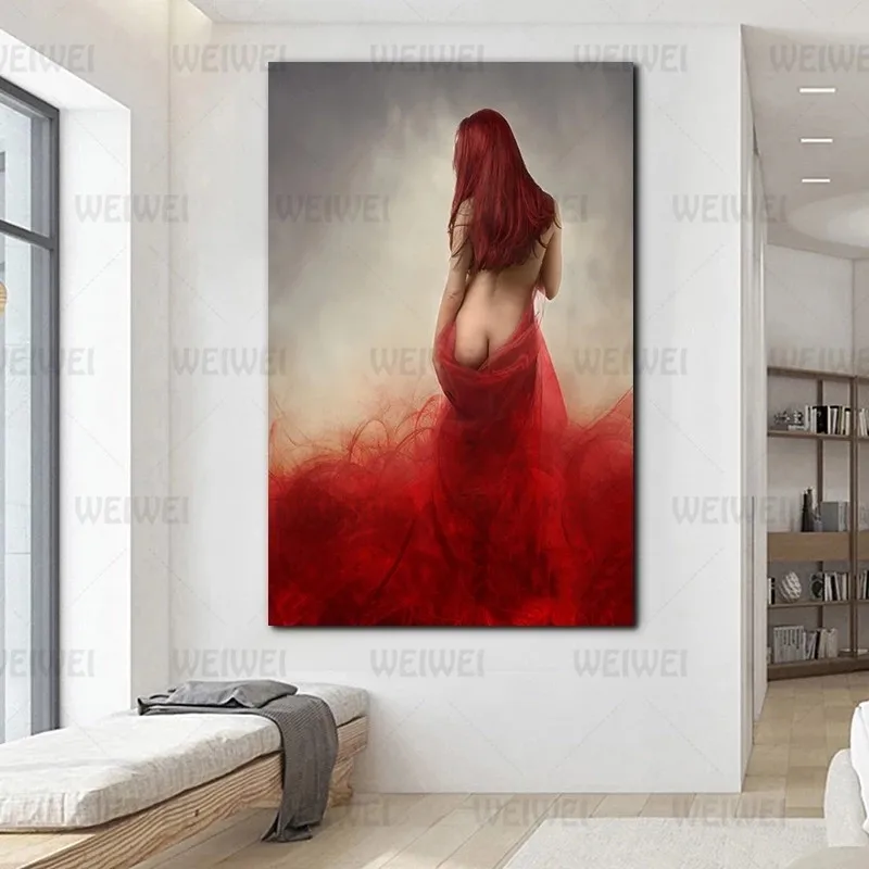 

Woman On Art Canvas Red Sexy Nude Wall Poster Painting Mural Picture for Living Room Home Decoration (Unframed)