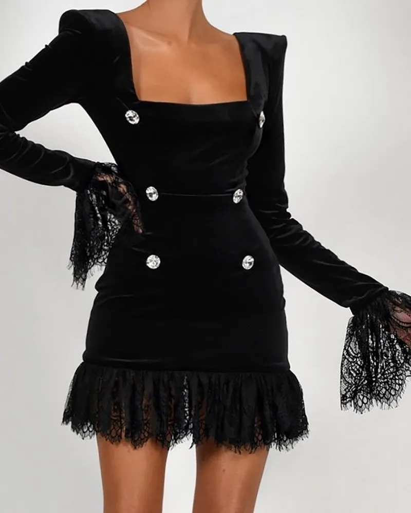 

Женское кружевное платье с накладными плечами, элегантное облегающее вечернее платье с квадратным вырезом и декоративными пуговицами