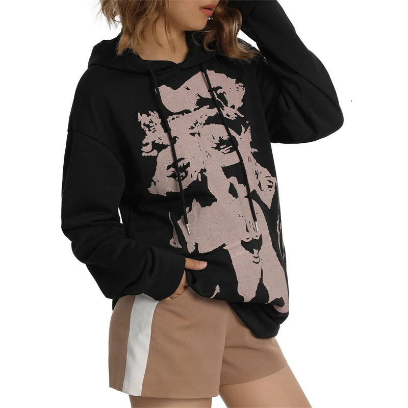 

Hirigin Autumn Women Fashion Casual Loose Style Hoodies Gothic Portrait Printed Pattern Long Sleeve Hooded Pullover Streetwear