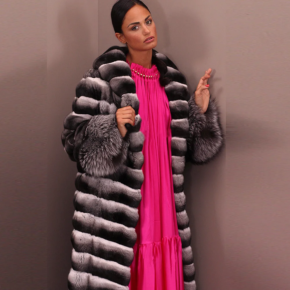 2022 Winter Real Rex Rabbit Fur Coat Lapel Collar 130cm Long Women Genuine Rex Rabbit Fur Coats with Silver Fox Fur Sleeve Cuffs