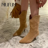 niufuni womens high boots pointed stiletto cowboy boots loose chelsea suede slip on womens autumn boots high heels solid color