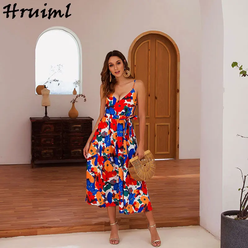 

Dress Backless Elegant Slim Beach Printing Woman Dress Strappy Sleeveless Midi Sling V Neck Holidays Casual Party A-line Dresses