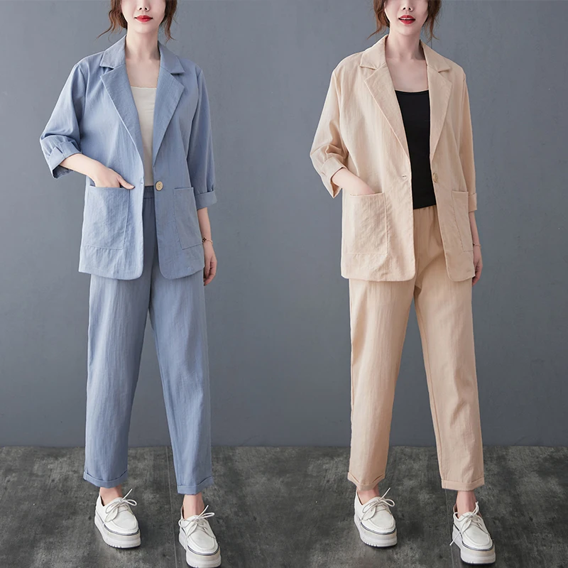 

2021 Spring Fall New Casual Cotton Linen Suit Sets Women Popular Self-cultivation Professional Suit Coat Pants 2-piece Set S658
