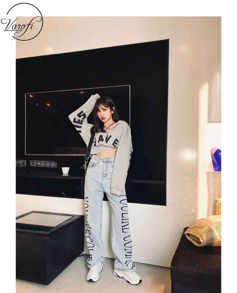 Женские джинсы Varofi с широкими штанинами женские свободные прямые брюки высокой