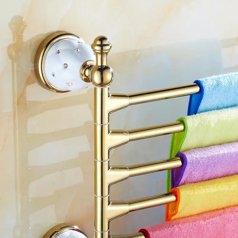 Вешалка для полотенец 4 подвижных поворотных держателя из латуни золотистого