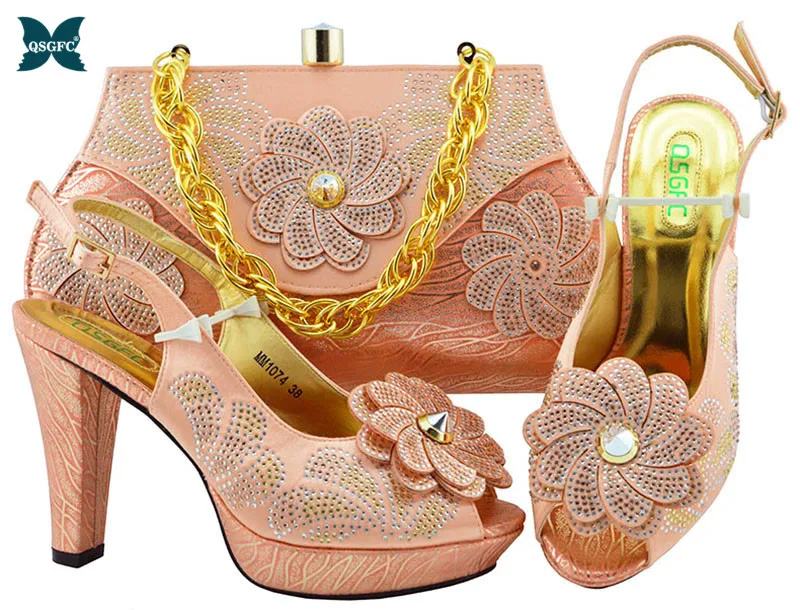 Новейшая модель Модные вечерние туфли и подходящая Сумочка персикового цвета
