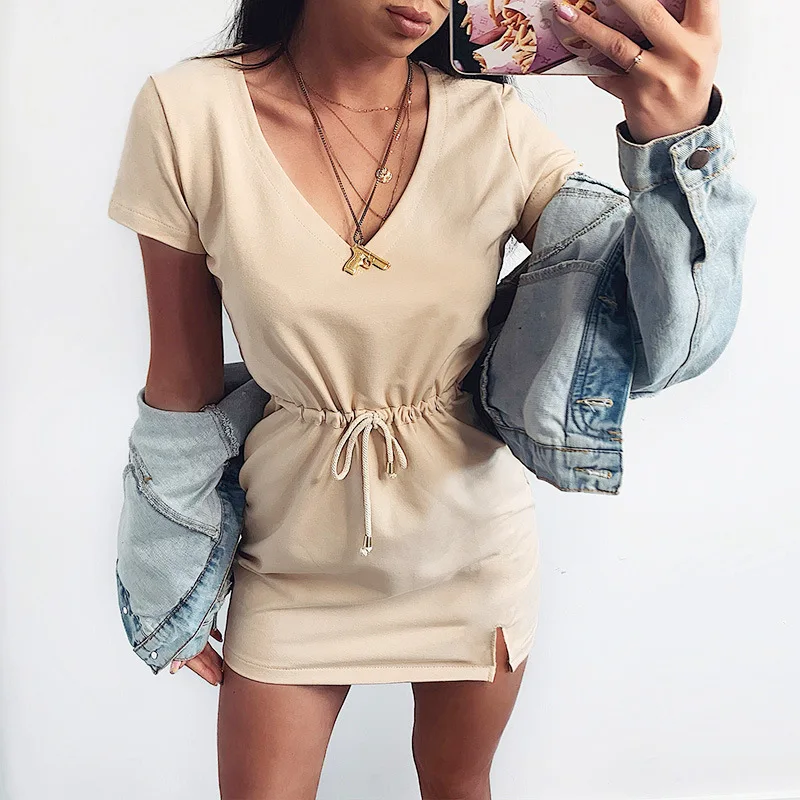 

Spring/Summer Women's Drawstring Waist Belt Short Sleeve Dress Sexy Split V-Neck Dress Lace Elastic Dress