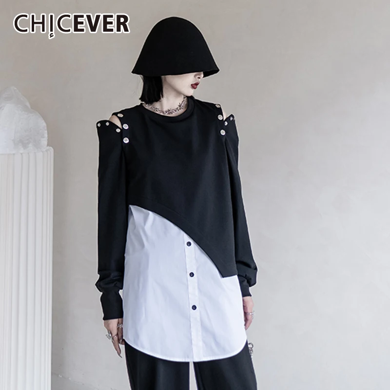 

CHICEVER уличная Толстовка для женщин, круглый вырез, свободный, длинный рукав, цветное, с открытыми плечами, пуловеры для женщин, 2021 осенний сти...