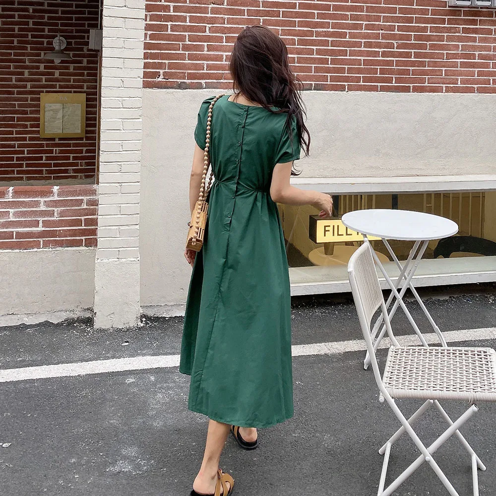 

Summer Dress For Women Round Neck Short Sleeve Ladies Fashion A-line Casual Plain High Waist Dress Vintage Puff Sleeve Pullover