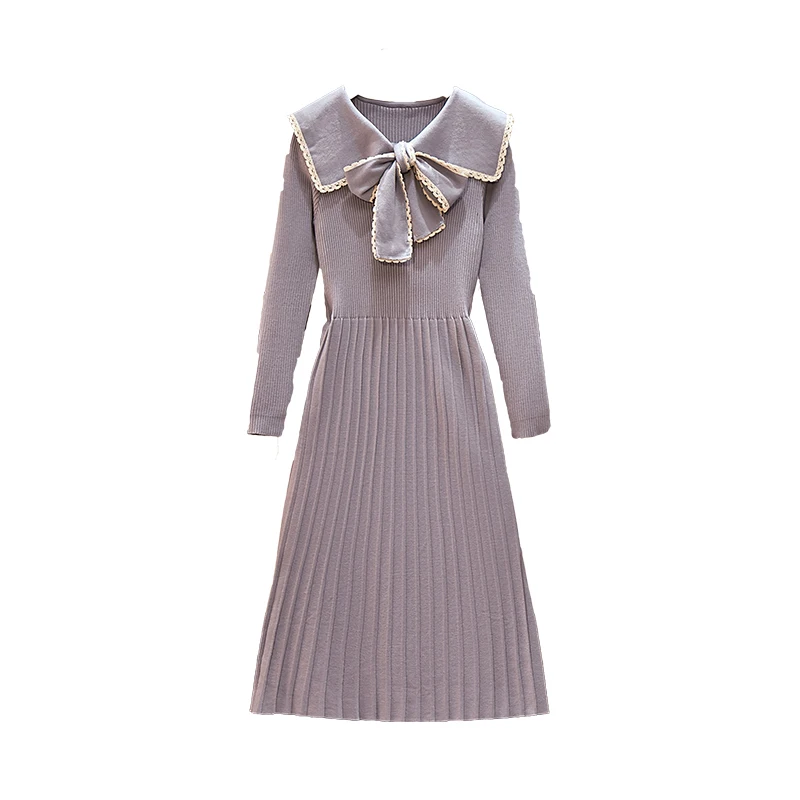 

Big size women's wear 2020 autumn and winter new fat sister mm show thin fashion navy lapel bow bottom dress