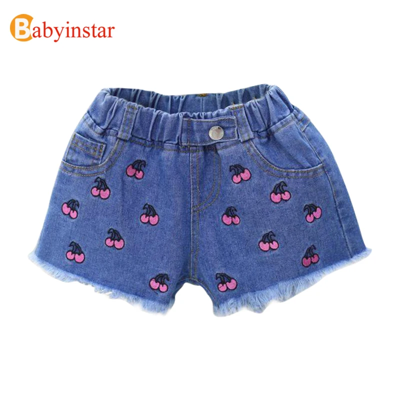 

Babyinstar/летние джинсовые шорты для маленьких девочек детские ковбойские шорты детская одежда джинсы с вышивкой вишни шорты для маленьких дев...