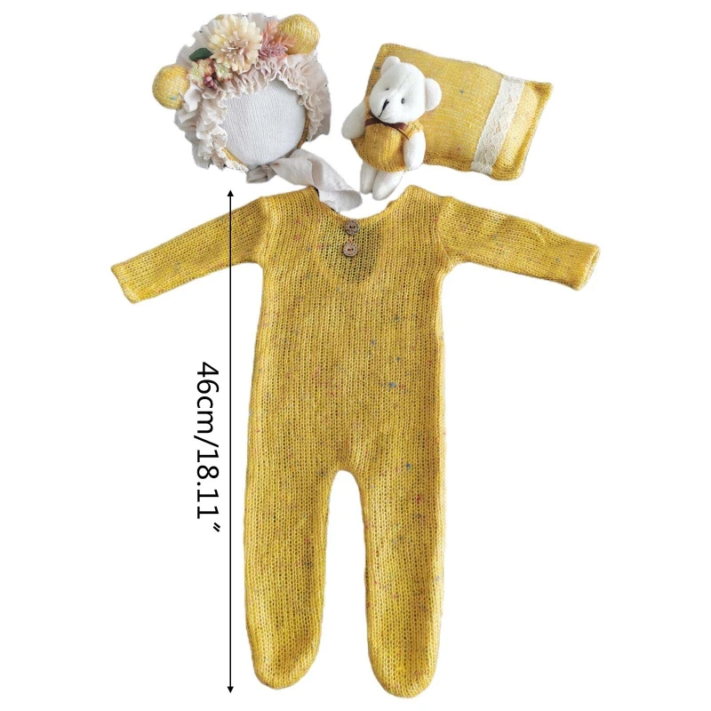

4 Pcs/Set Baby Infants Hat Pillow Romper Jumpsuit Bear Doll Newborn Photography Props Photo Shooting Clothing Outfits
