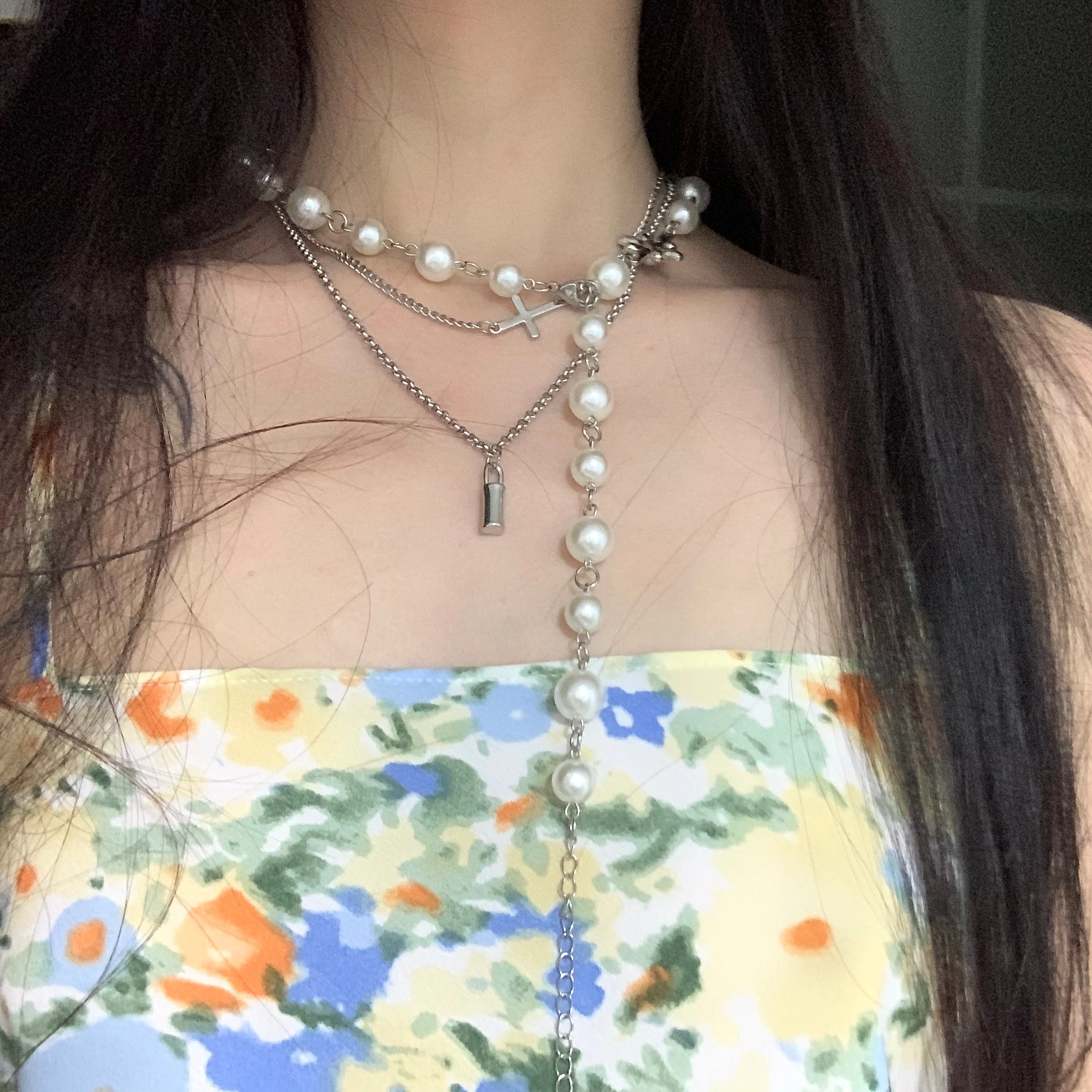 

HangZhi 2020 New Trendy Multilayer Pearls Rhinestones Cross Hollow Heart Statement Long Sweater Necklace for Women Girls Jewelry
