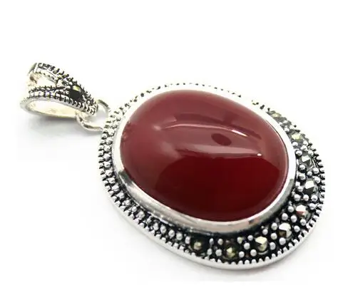 

Lady's Elegant Natural oval 30*20mm Red JADE 925 Sterling Silver Marcasite Pendant