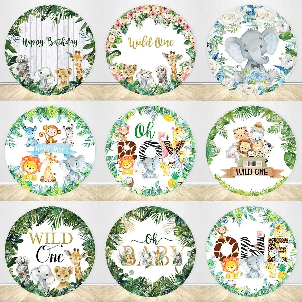 

Safari Party Wild One Baby Birthday Round Backdrop Cover Forest Jungle Baby Shower Photography Background Photocall Circle Decor
