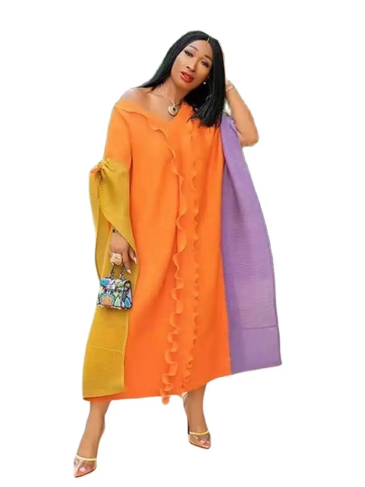 

New Color Block Dress African Large Size Women's Round Neck Short Sleeve + Bandage Matching Belt Frilled High Quality Dress 2021