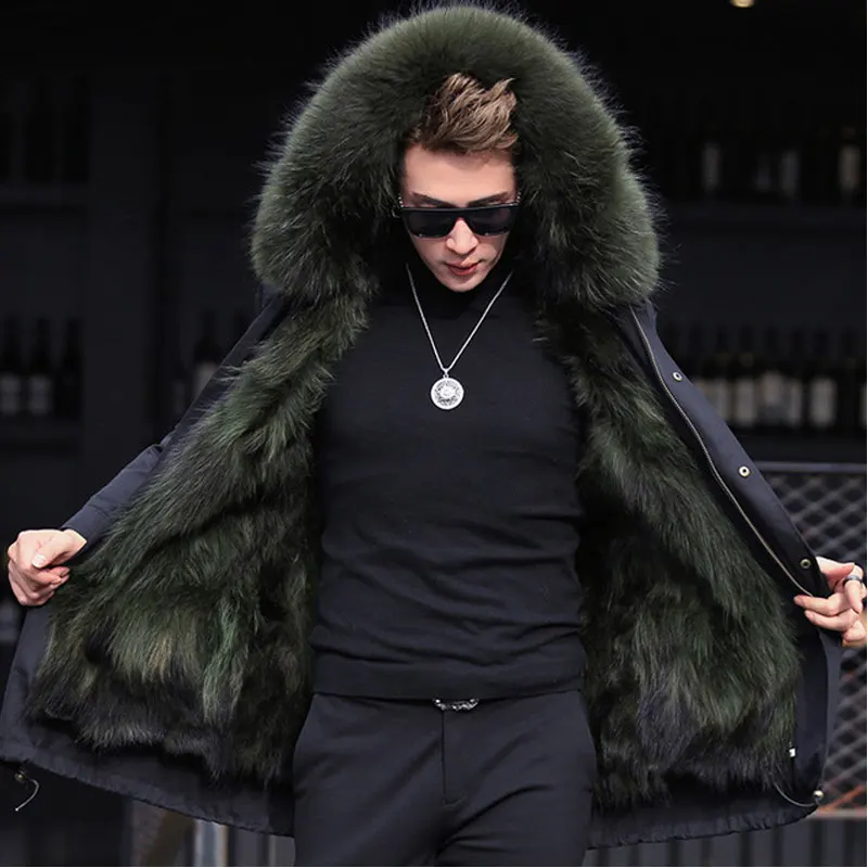 Новая меховая парка мужская зимняя куртка пальто с капюшоном из меха енота