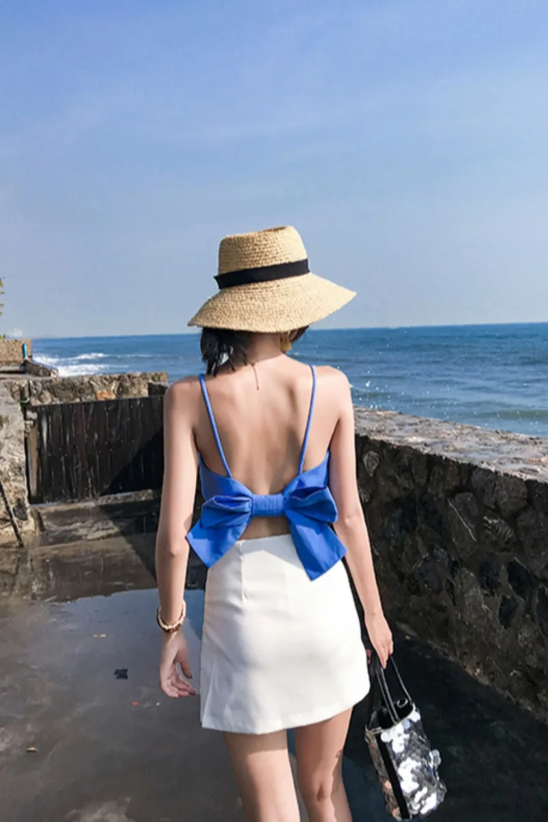 Thailand tide 2021 spring and summer new seaside holiday one line collar leaky back suspender shirt dimensional bow