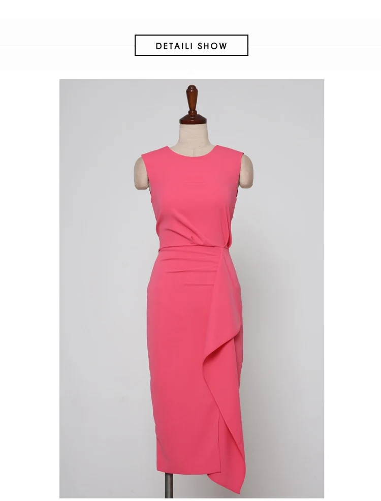 Летнее платье женское элегантное розовое с оборками без рукавов разрезом