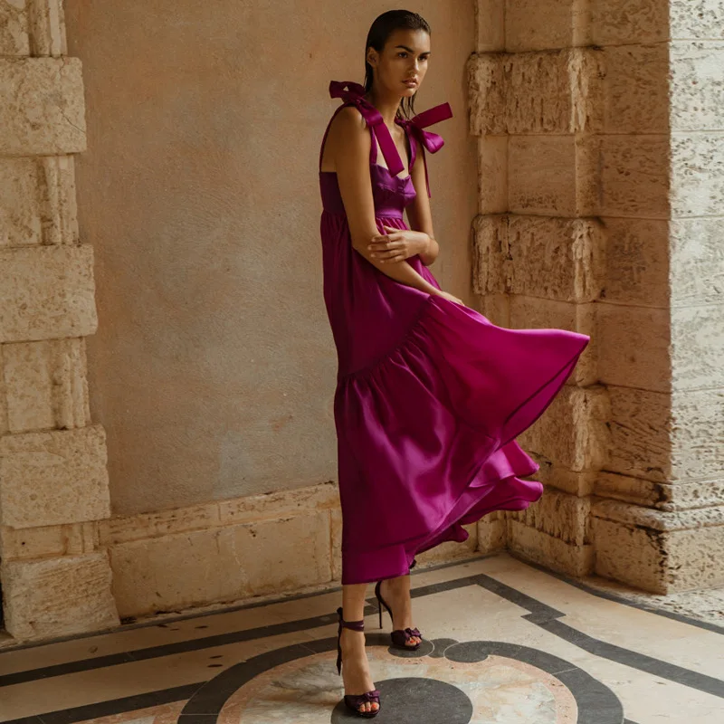 Платье женское длинное однотонное атласное элегантный сарафан фиолетового