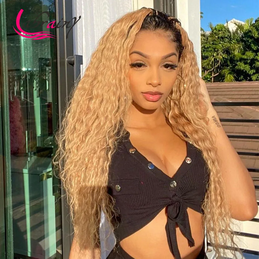 

Ombre Honey Blonde HD Transparent Lace Frontal Human Hair Wigs Highlight 1B27 Kinky Curly Wig Pre Plucked Bleached Knots 13x6x1