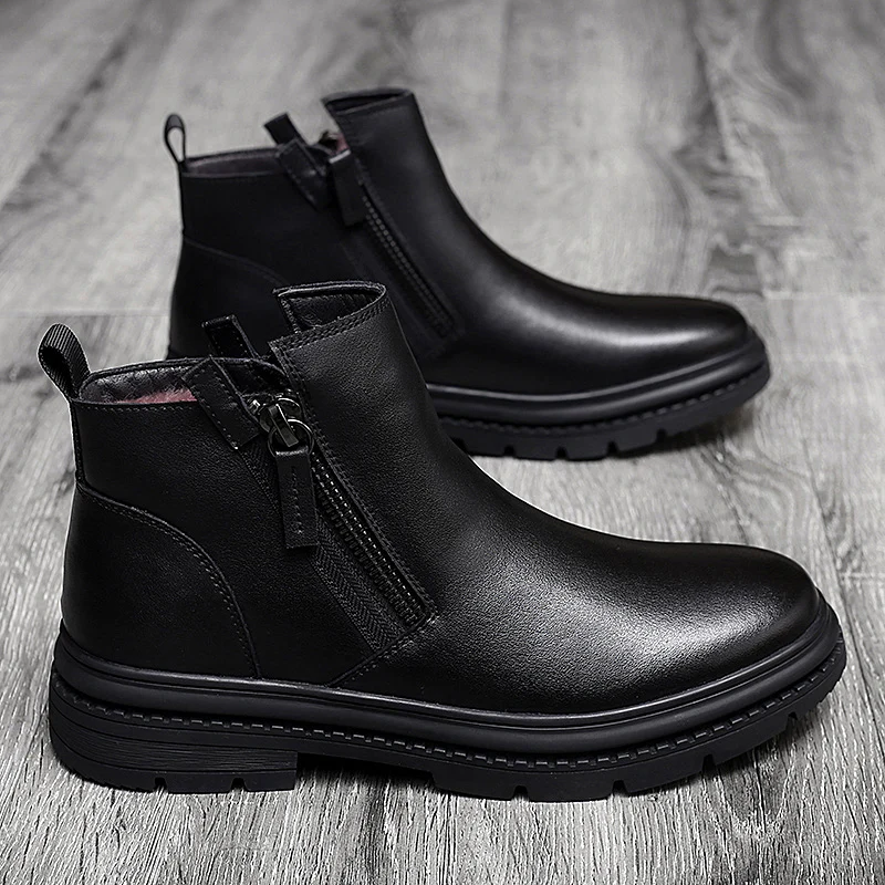 

A Genuine Leather Men's High Top Shoes Winter Plus Fleece Slip On Martin Boot Outdoor Keep Warm Design Casual Snow Cotton Boots