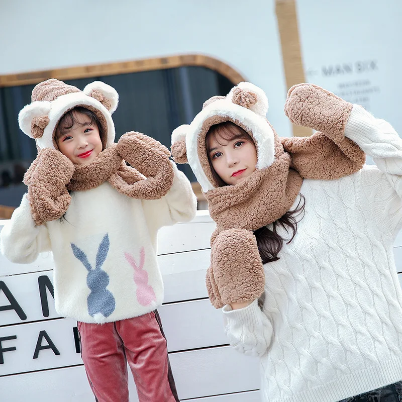 Родитель ребенок зимняя шапка шарф перчатки для женщин и детей милая с