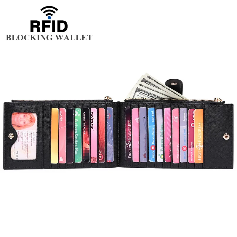 Вместительный женский кожаный кошелек с RFID-защитой для хранения нескольких карт