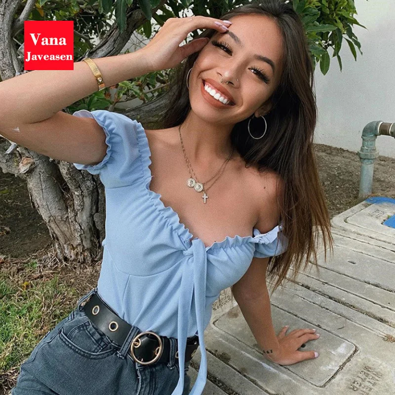 

Vana Javeasen Lace Up Crop Tops Summer Beach Wooden Ear Side Shoulder Straps Bottoming Jumpsuit T-shirt Female Ladies Sleepwear