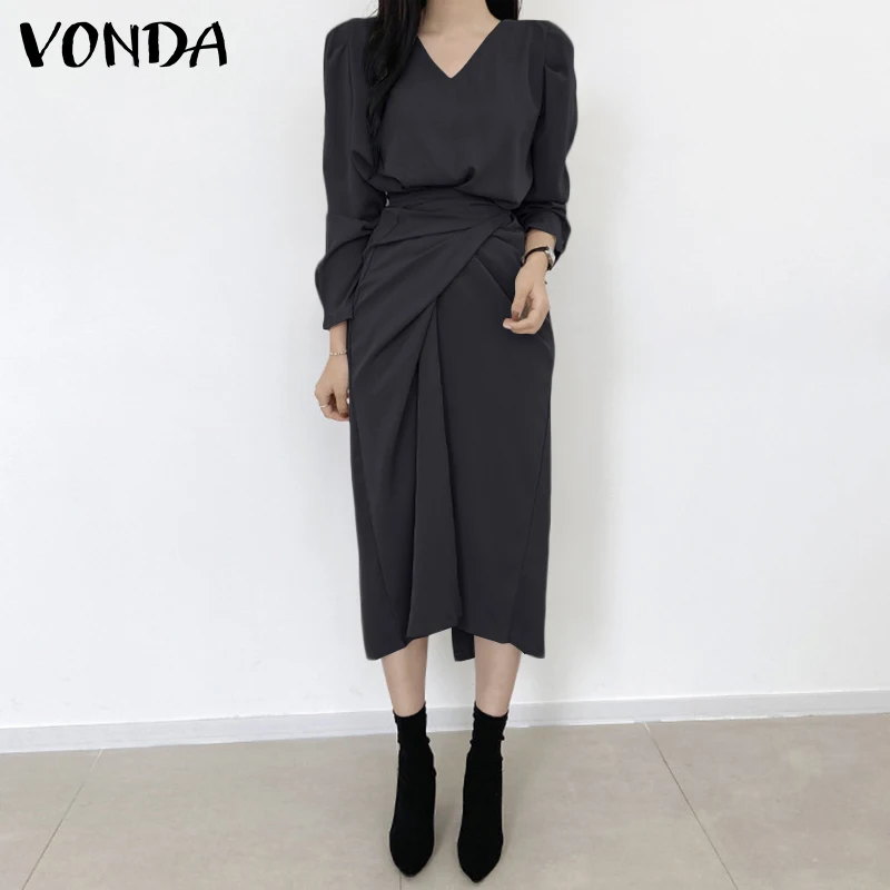 

Autumn Loose Dress VONDA Women 2022 Sexy V Neck Plain Dress Fashion Holiday Party Sundress Oversized Retro Bohemian Vestidos