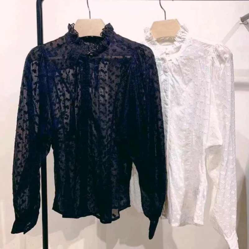 

2021 Woman Long Sleeve White Embroidered Shirts Blouses
