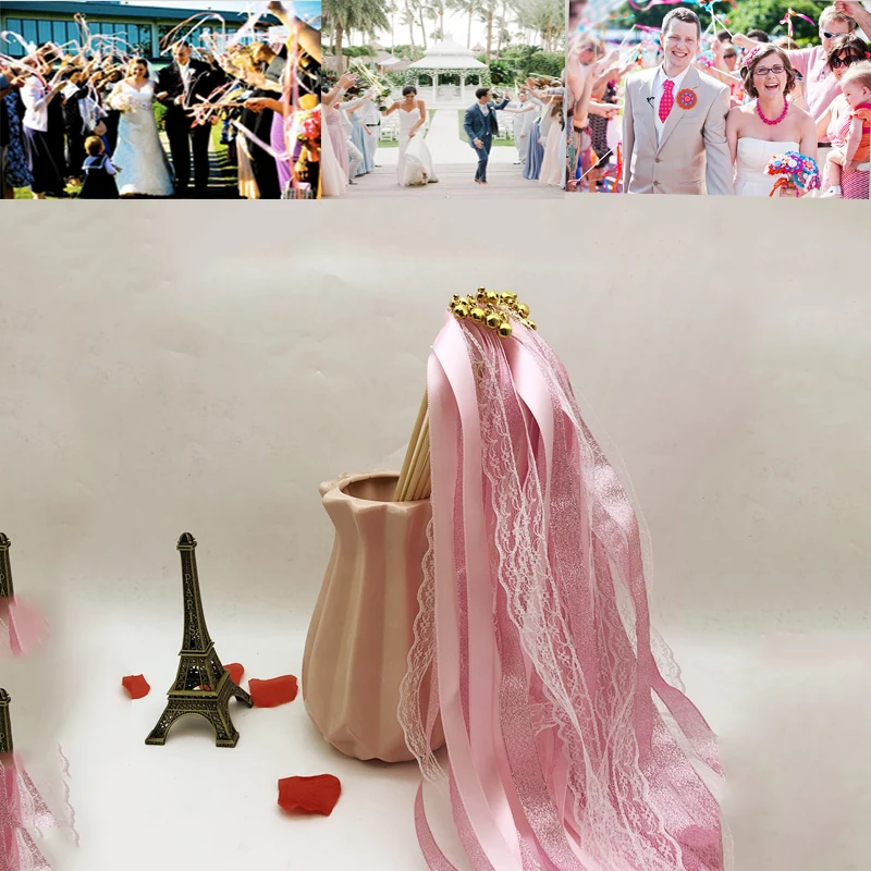 

Горячая распродажа 10 шт./лот розовые и синие свадебные ленты палочки с лентой-колокольчиком растяжки Свадебная лента палочка