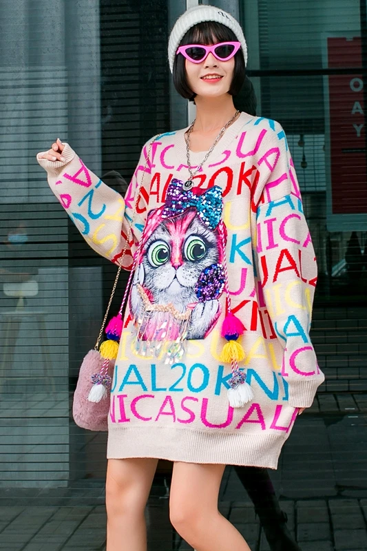 

European Station Tide Brand Autumn and Winter Thickening Age Reduction Letters Cartoon Sequins Tassels Loose Pullover Sweater