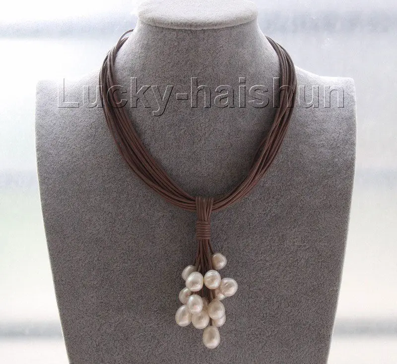 

Choker 16" 15row 14mm white pearls coffee leather necklace magnet clasp j9560
