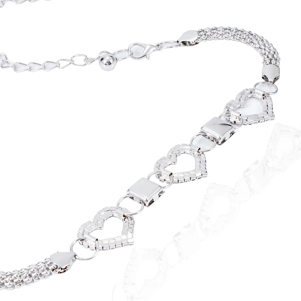 Модный длинный поясной ремень женский в форме сердца металлический серебристый