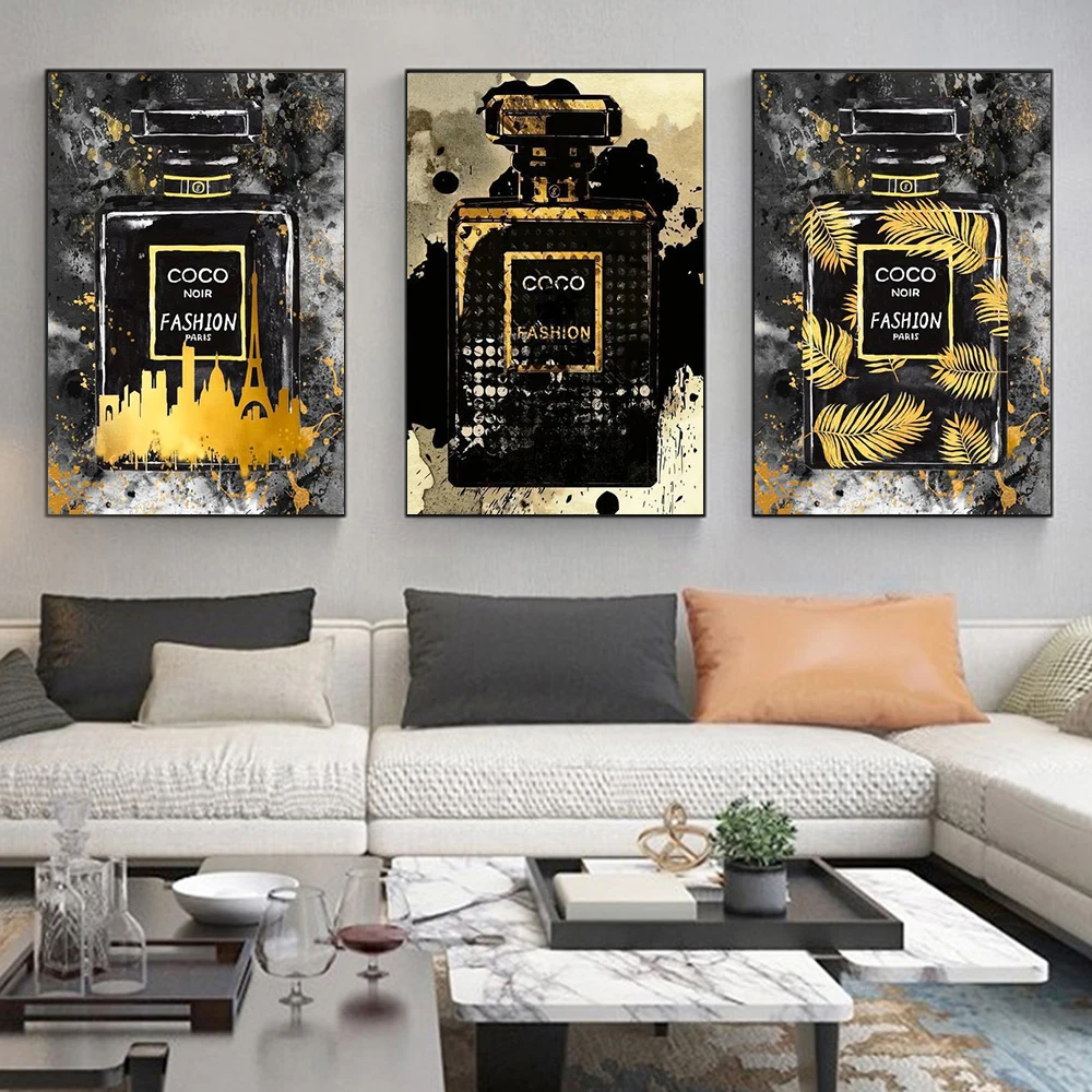 

Canvas Painting of Black with Gold Paris Perfume Bottle Fashion Poster Bedroom Decoration Paintings Room Decor Wall Art Picture