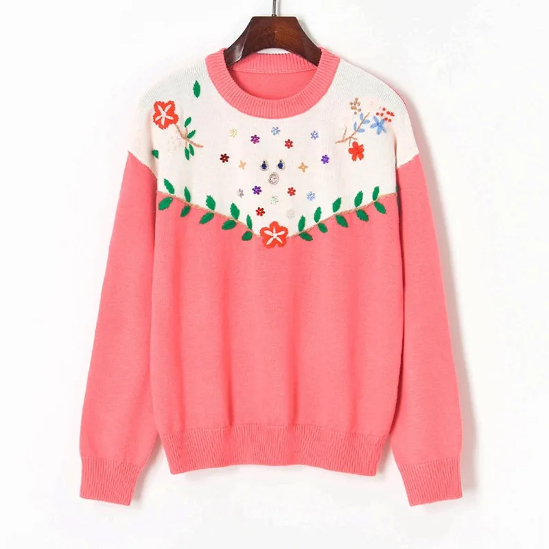 

Женский шерстяной свитер в стиле пэчворк, белый и розовый пуловер с цветочной вышивкой, плотный свитер для осени и зимы, 2021