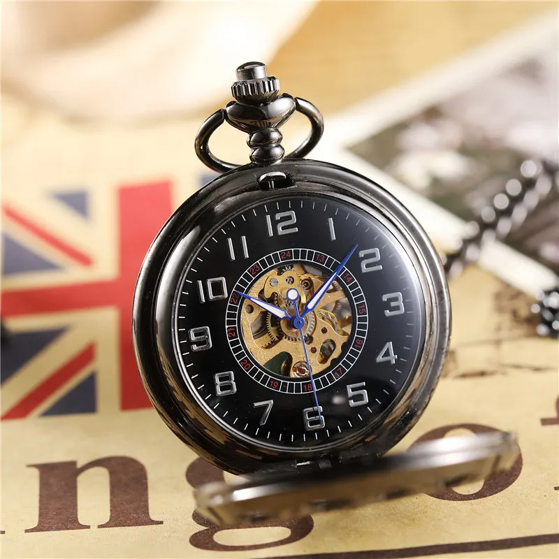 Mechanical Hand-winding Pocket Watch Men Flip Black Hollow Case Fob Chain Necklace Clock Mens Watch Gift Box reloj de bolsillo