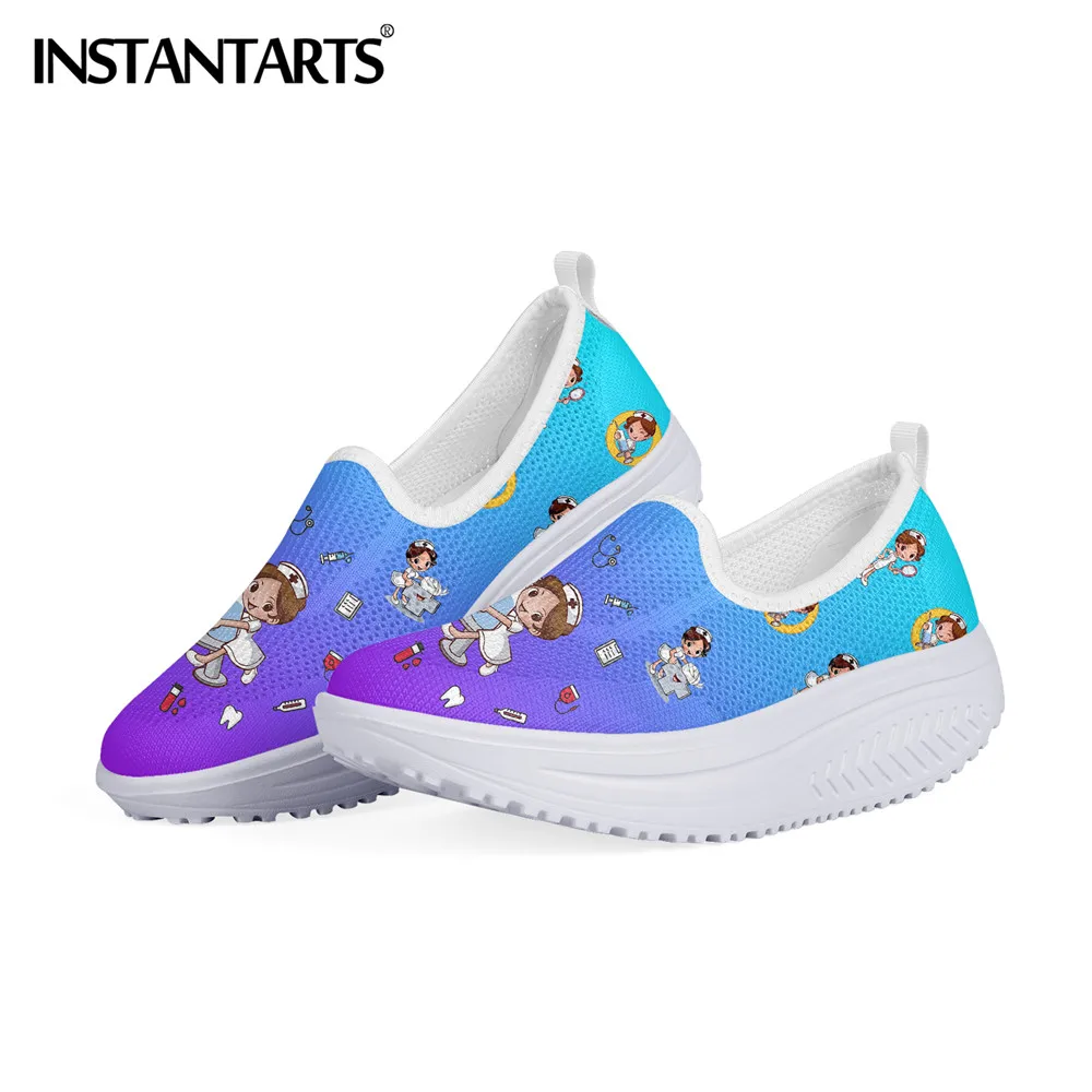 

INSTANTARTS Gredient Brand Design Nursing Shoes Cartoon Nurse Doctor Medician Print Swing Shoes Mesh Platform Wedges Sneakers