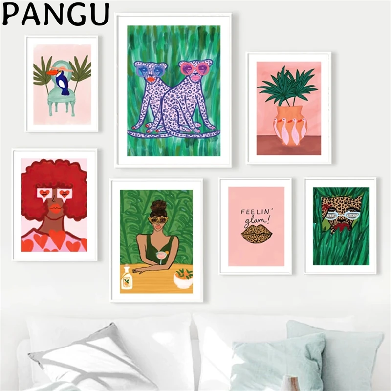 

Красочные тропические абстрактные леопардовые женские фотообои искусство холст живопись плакаты и принты настенные картины для декора сп...