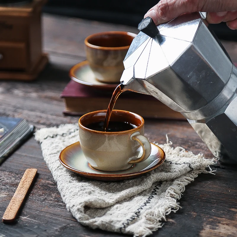Japanese-style Retro Stoneware Coffee Cup Saucer Vintage Ceramic Quaint Breakfast Afternoon Tea Milk Mugs Dessert Cake Tray | Дом и сад