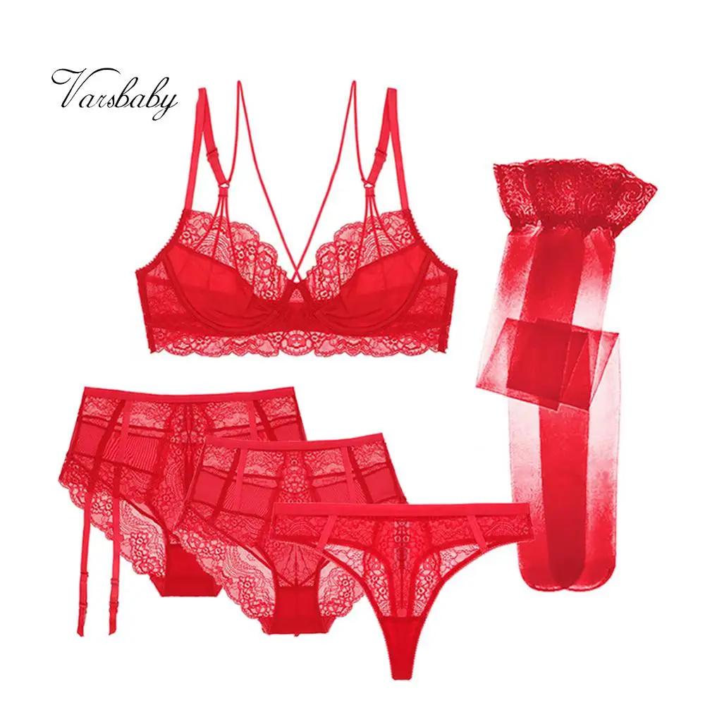 

Varsbaby sexy beauty back Y-lined deep V unlined lace 3/4 cup bra set bra+high-waist panties+ thong+stockings 5 pcs