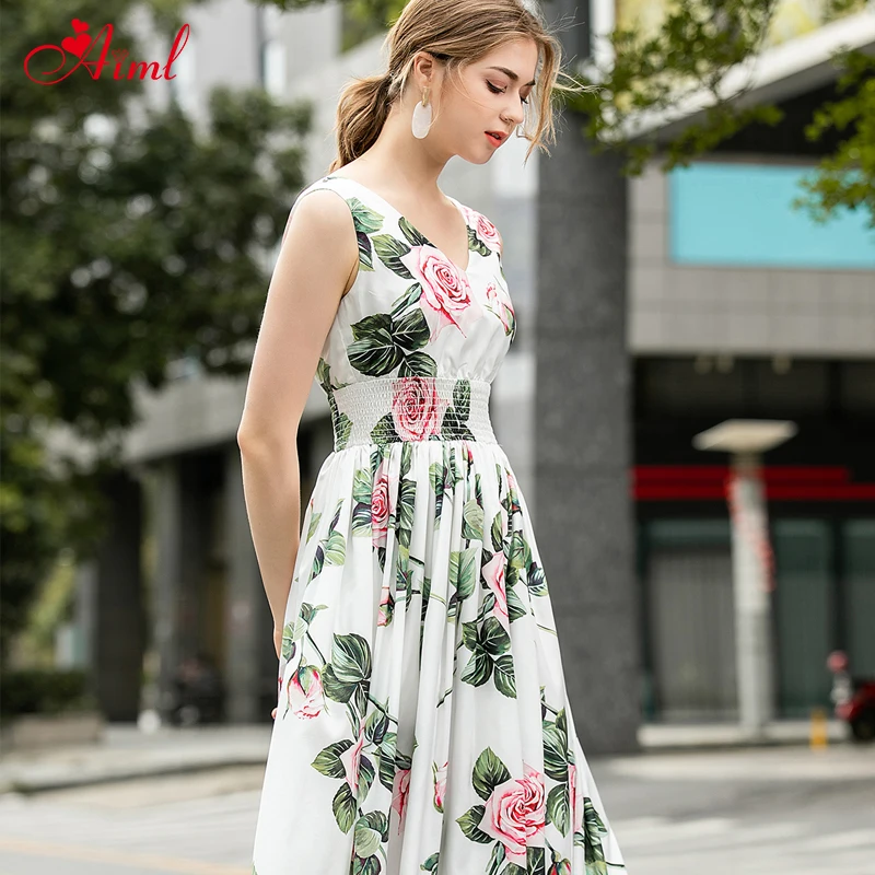 

2020 Fashion Runway Women's Summer Dress V-neck Elastic Waist Pink Floral Print Casual Ladies Sexy Backless Midi Dress New
