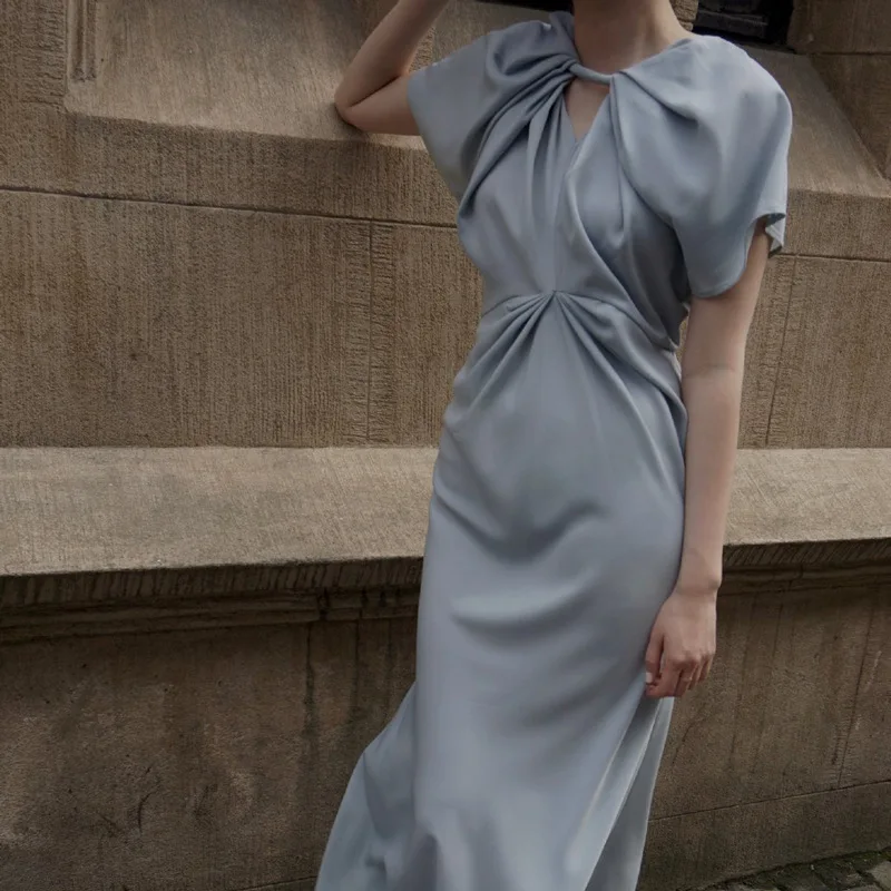 

[DEAT] Asymmetrical Collar Solid Color Short Sleeve Temperament Neckline Twist Dresses For Women Elegant 2021 Summer GX668